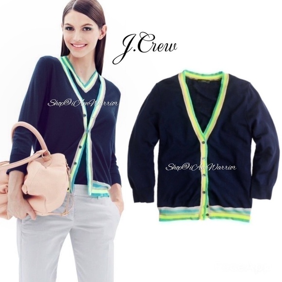 J.Crew NWT navy lightweight v-neck cardigan with neon striped trim - Picture 3 of 11